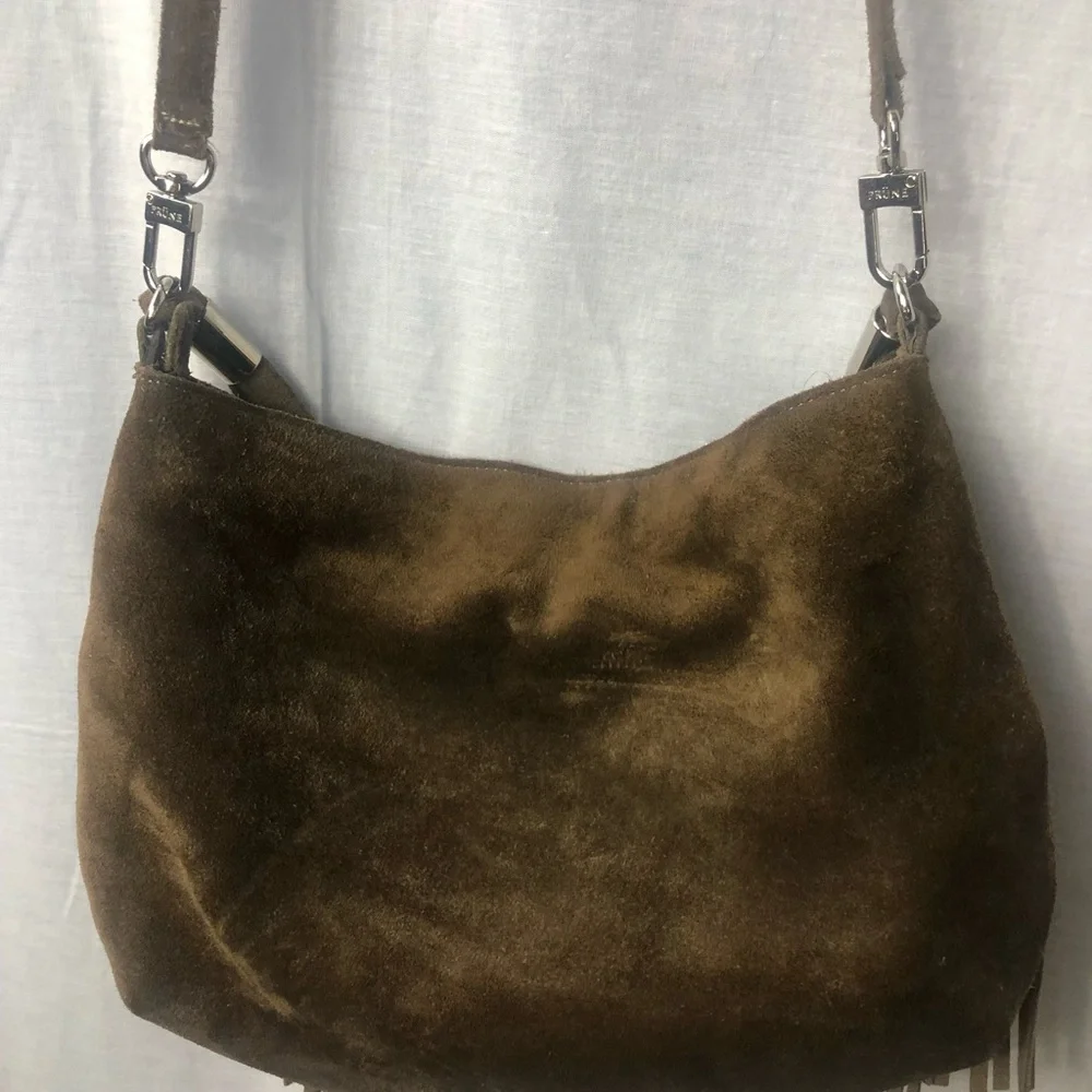 Prune Brown Suede Fringe Hobo Bag